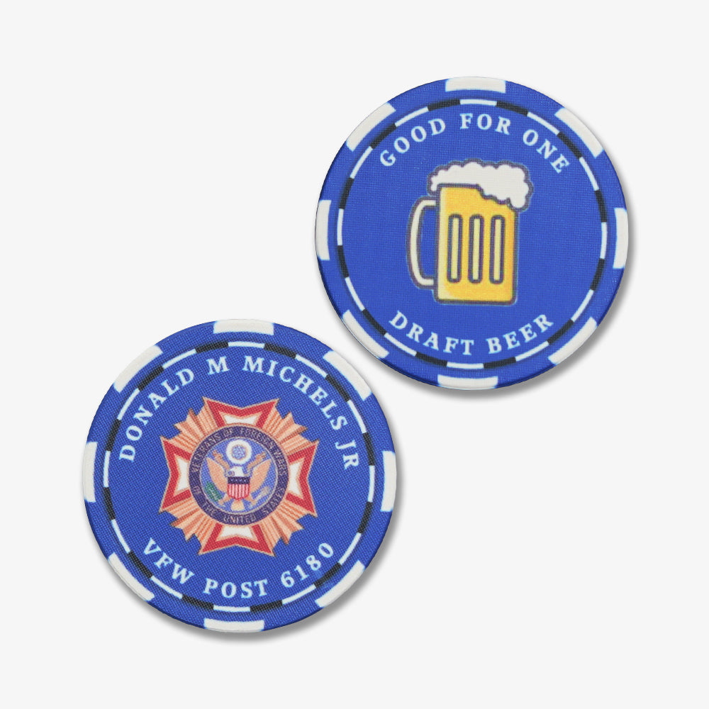 Full color ceramic poker chips, custom blue two-sided printed with VFW emblem and draft beer voucher mark