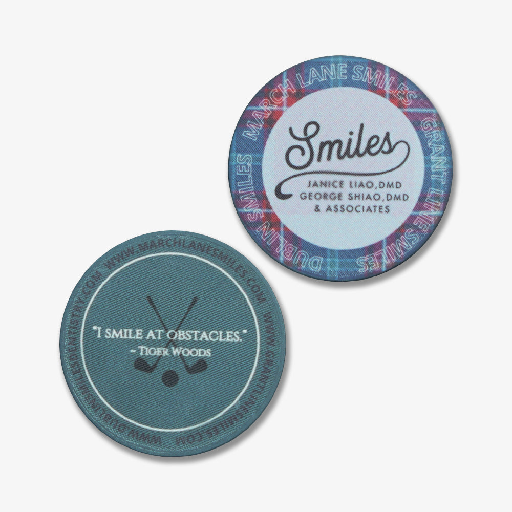 Full color custom printed ceramic poker chips, double-sided with personalized text, plaid border and golf pattern