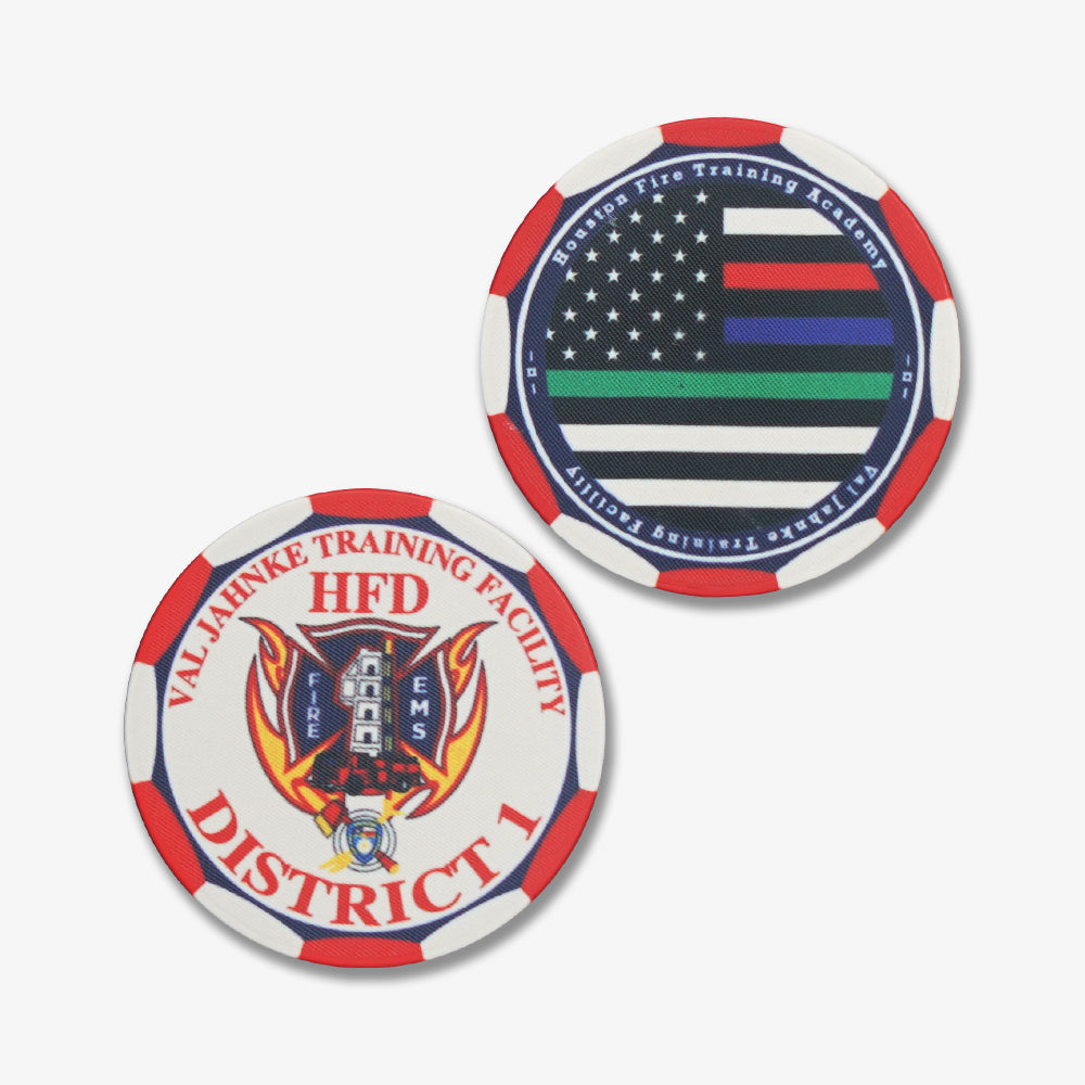 Full Color Ceramic Poker Chips, two-sided custom printed with HFD fire department logo and thin line American flag design