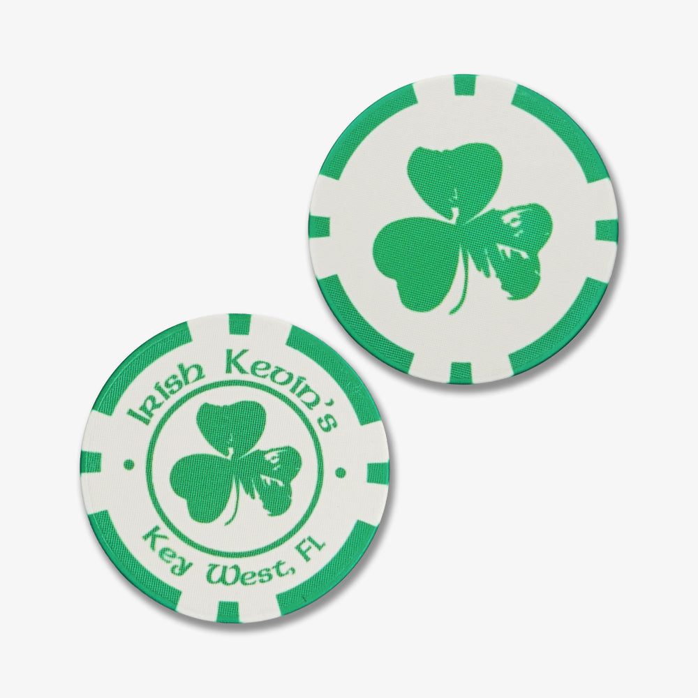 Full color ceramic poker chips, white base with green shamrock print, custom Irish Kevin's Key West FL branding design