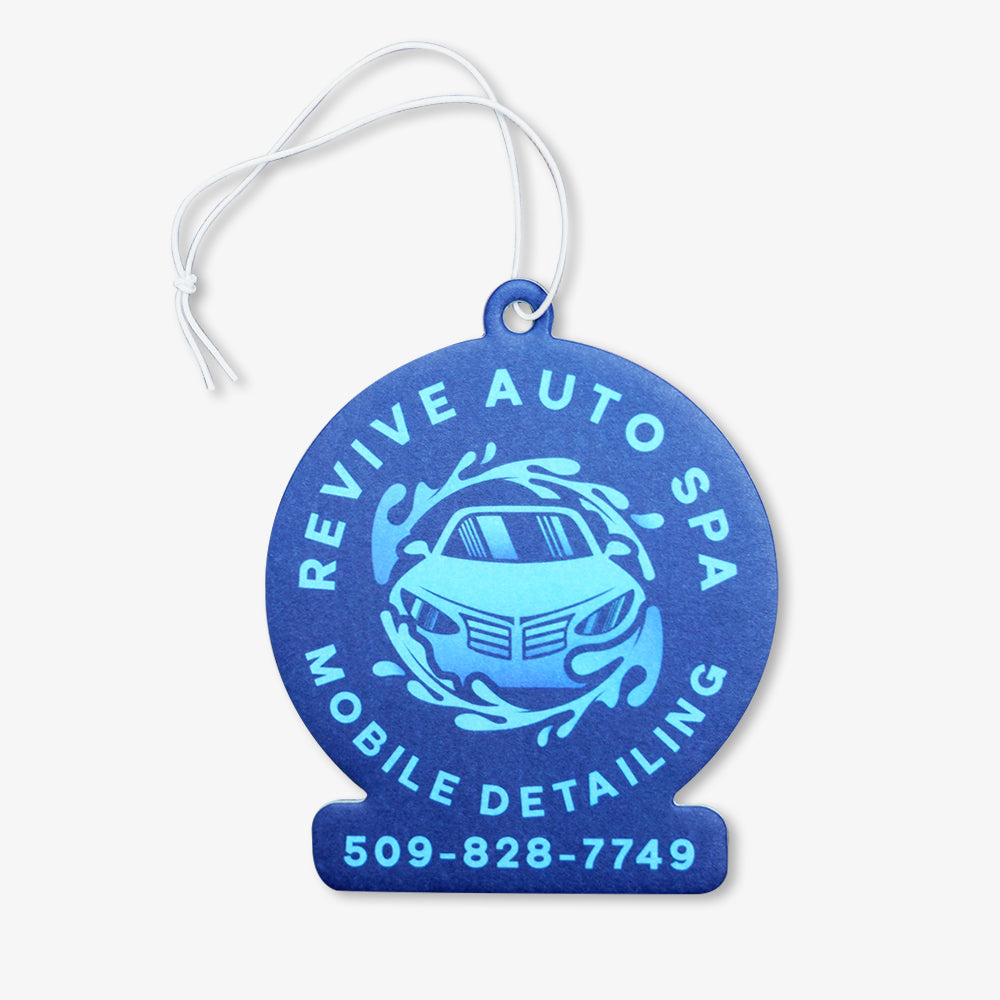 Hanging air freshener, custom blue circular car air freshener printed with auto spa branding and white hanging string