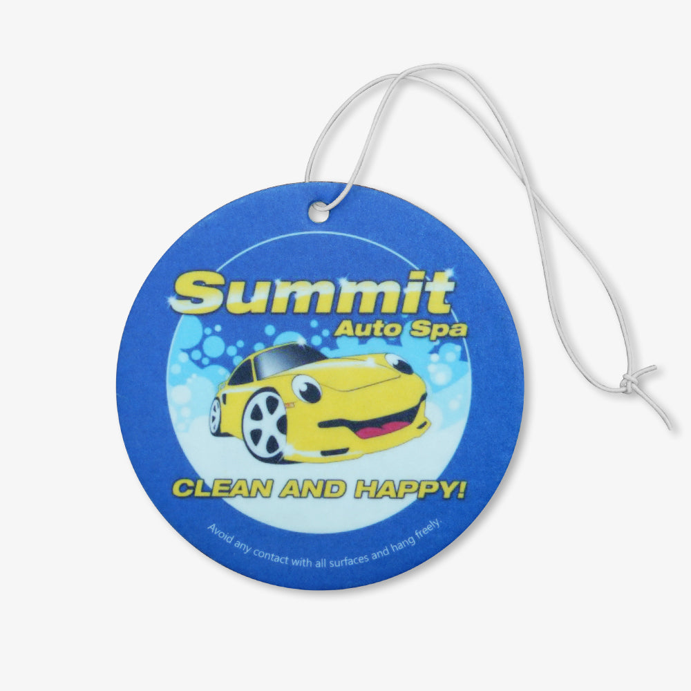 Round blue hanging air freshener printed with Summit Auto Spa cartoon smiling yellow car, with white hanging string