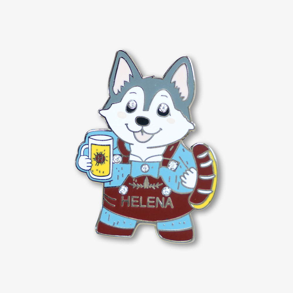 Hard enamel pin featuring cute cartoon husky holding beer mug and sausage, with rhinestone accents and HELENA lettering