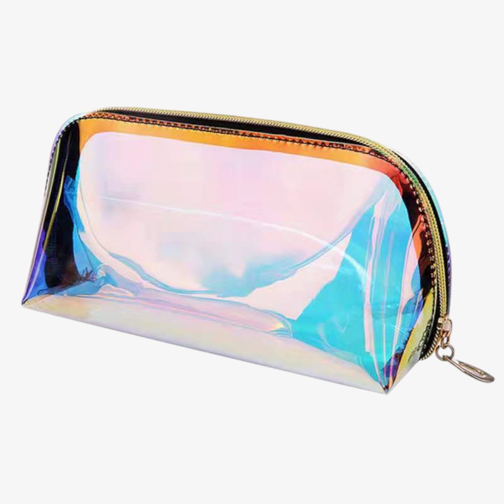 Holographic makeup bag with iridescent rainbow sheen, gold zipper, and rounded rectangular shape