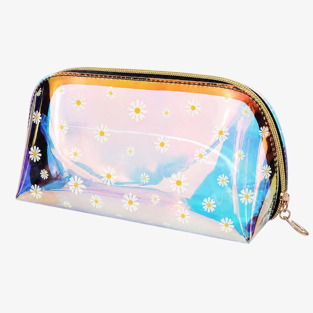 Holographic makeup bag with iridescent rainbow sheen, white daisy print, and gold zipper closure