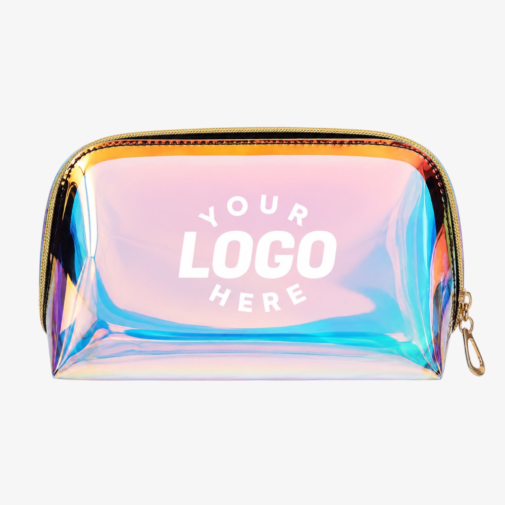 Holographic makeup bag with iridescent rainbow sheen, gold zipper, and rectangular shape