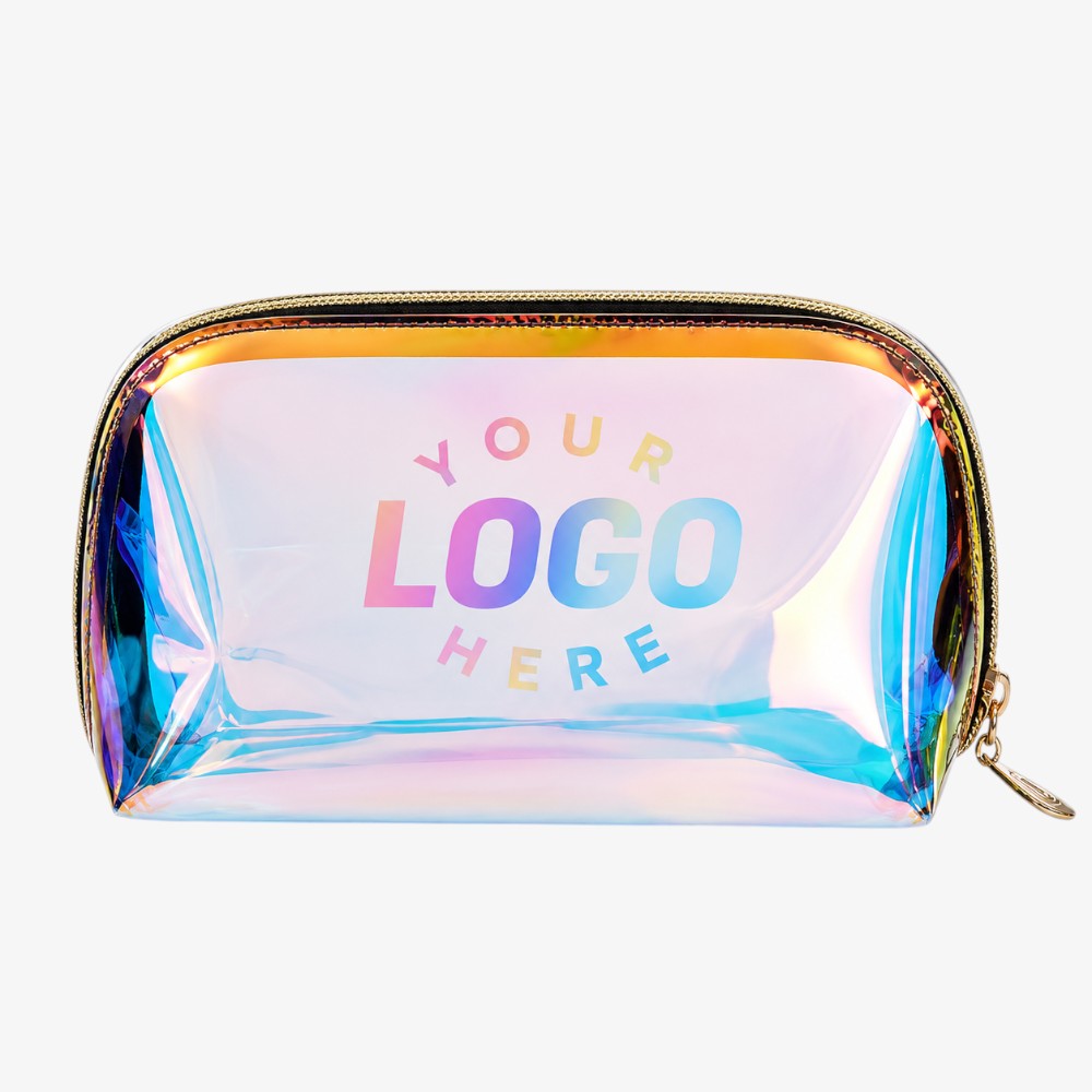Holographic makeup bag with iridescent rainbow sheen, gold zipper, and rounded rectangular shape
