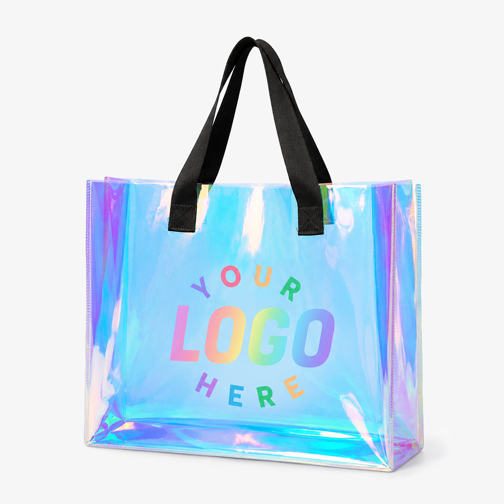 Holographic PVC tote bag with black woven handles, iridescent transparent design, custom logo placeholder for personalization