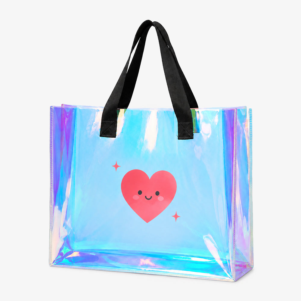 Holographic PVC tote bag with black handles, printed cute smiling red heart and sparkles on iridescent clear body