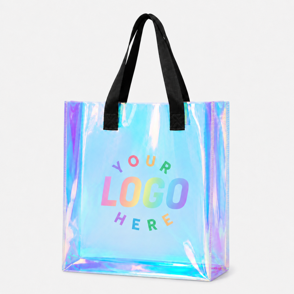 Holographic PVC Tote Bag with black fabric handles, iridescent transparent finish for custom logo placement