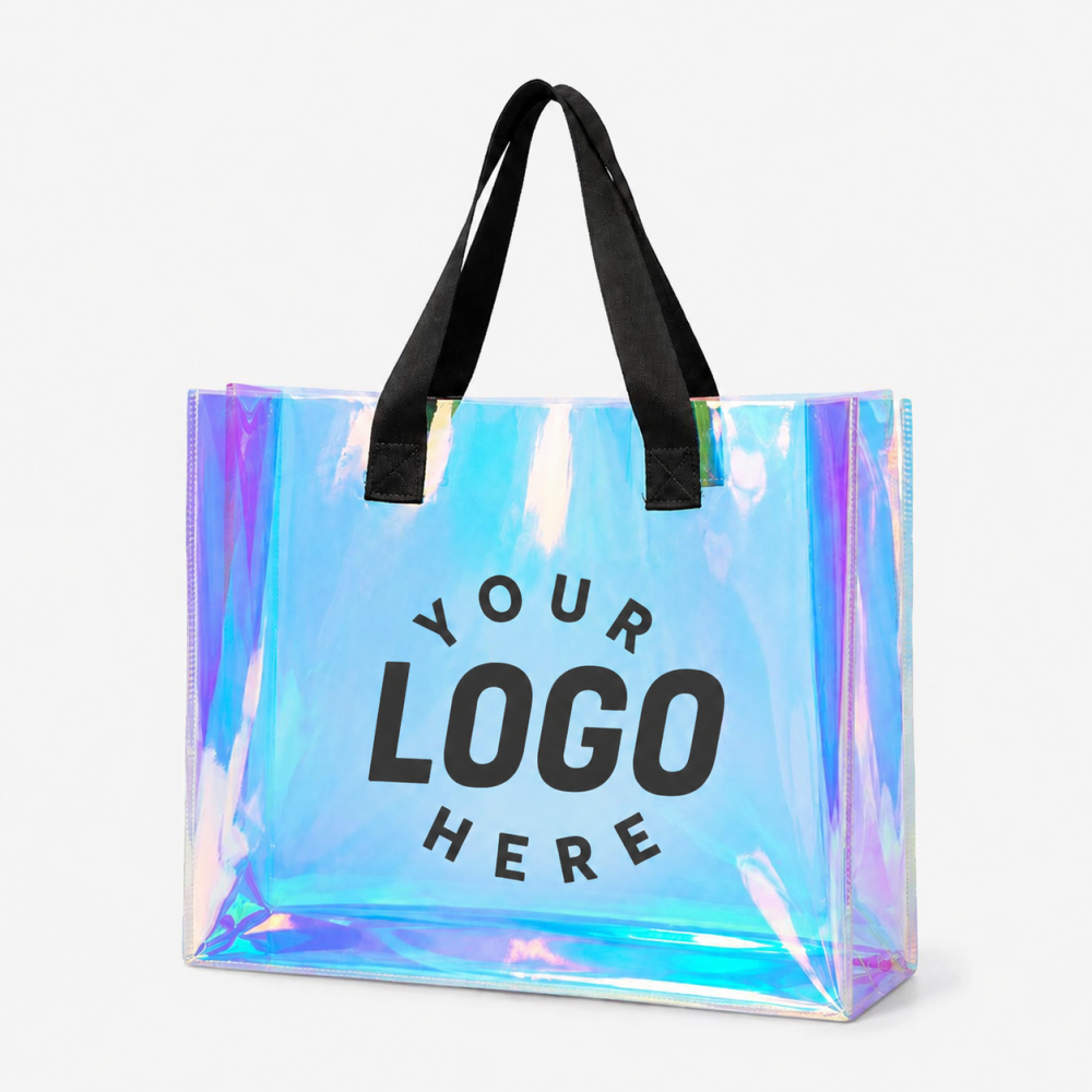 Holographic PVC tote bag with black fabric handles, customizable logo print, iridescent shiny transparent body