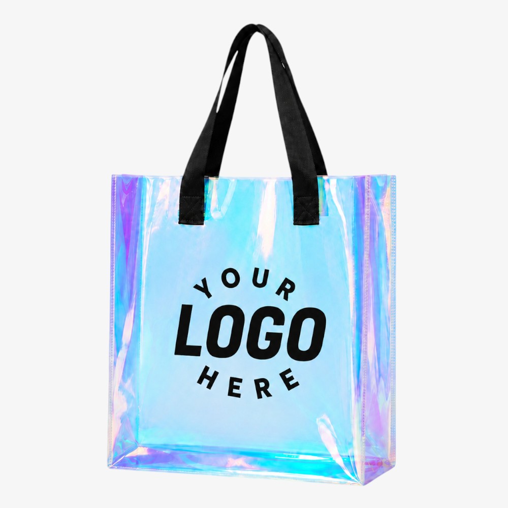 Holographic PVC tote bag with black handles, custom logo print placeholder, iridescent transparent finish
