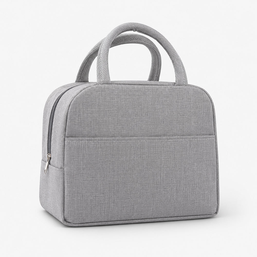 Gray insulated lunch bag with woven fabric texture, dual top handles, and front zippered pocket