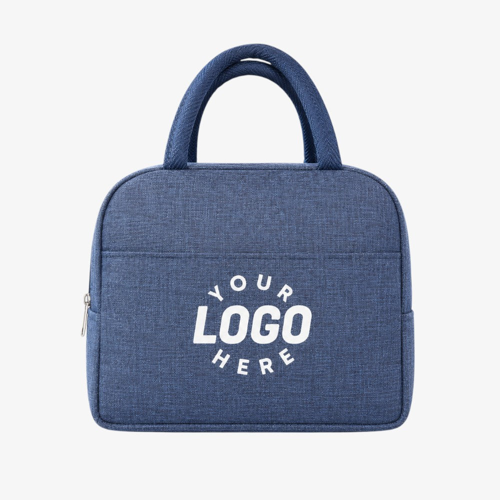 Navy blue insulated lunch bag with woven texture, top handles, and front zippered pocket