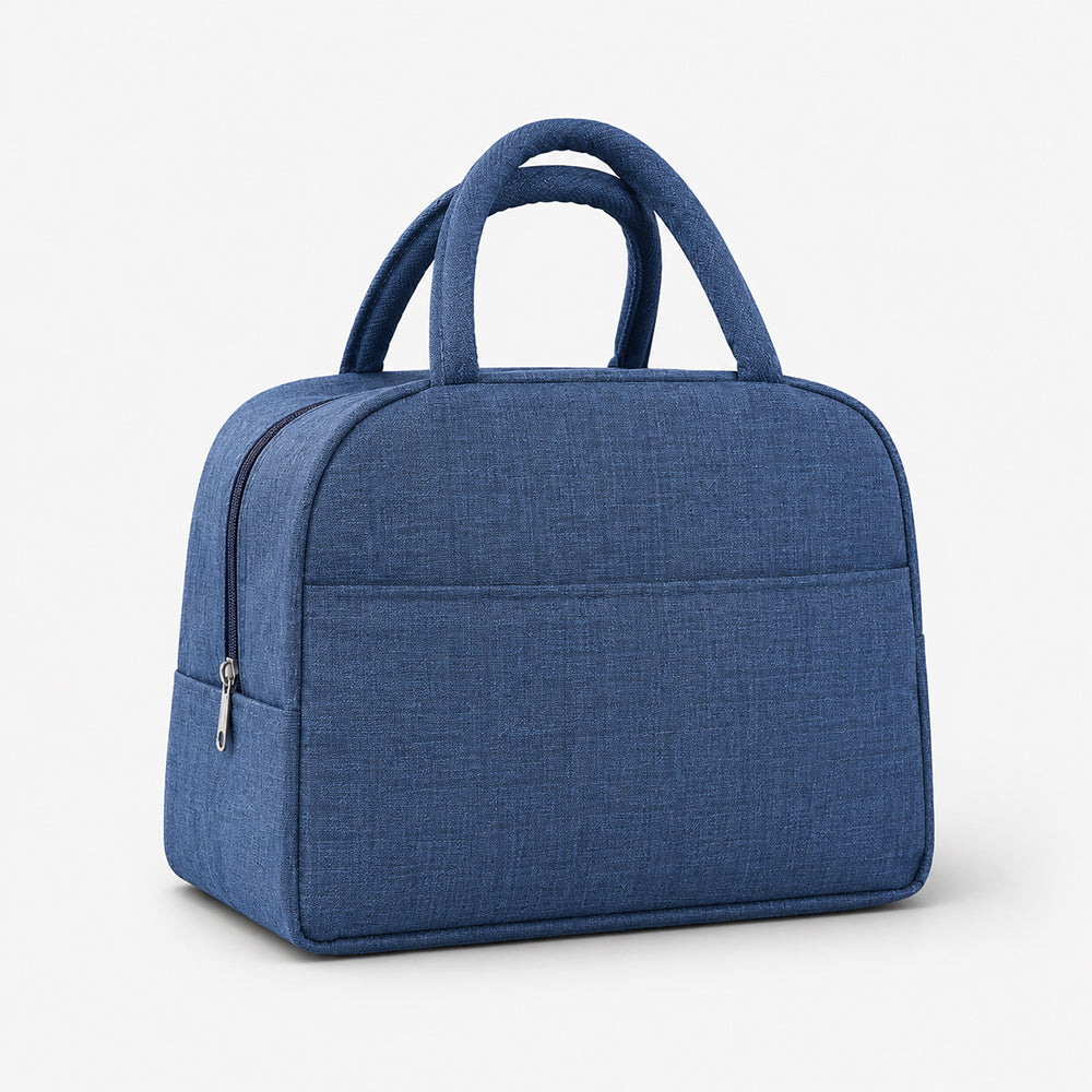 Blue insulated lunch bag with textured fabric, dual top handles, and a front zippered pocket