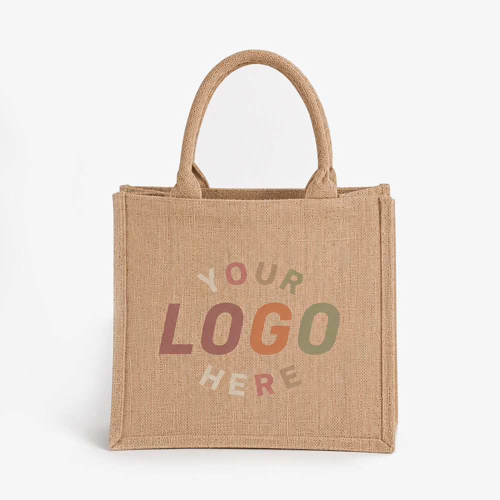 Light tan jute tote bag with custom logo placeholder print, sturdy woven top handle