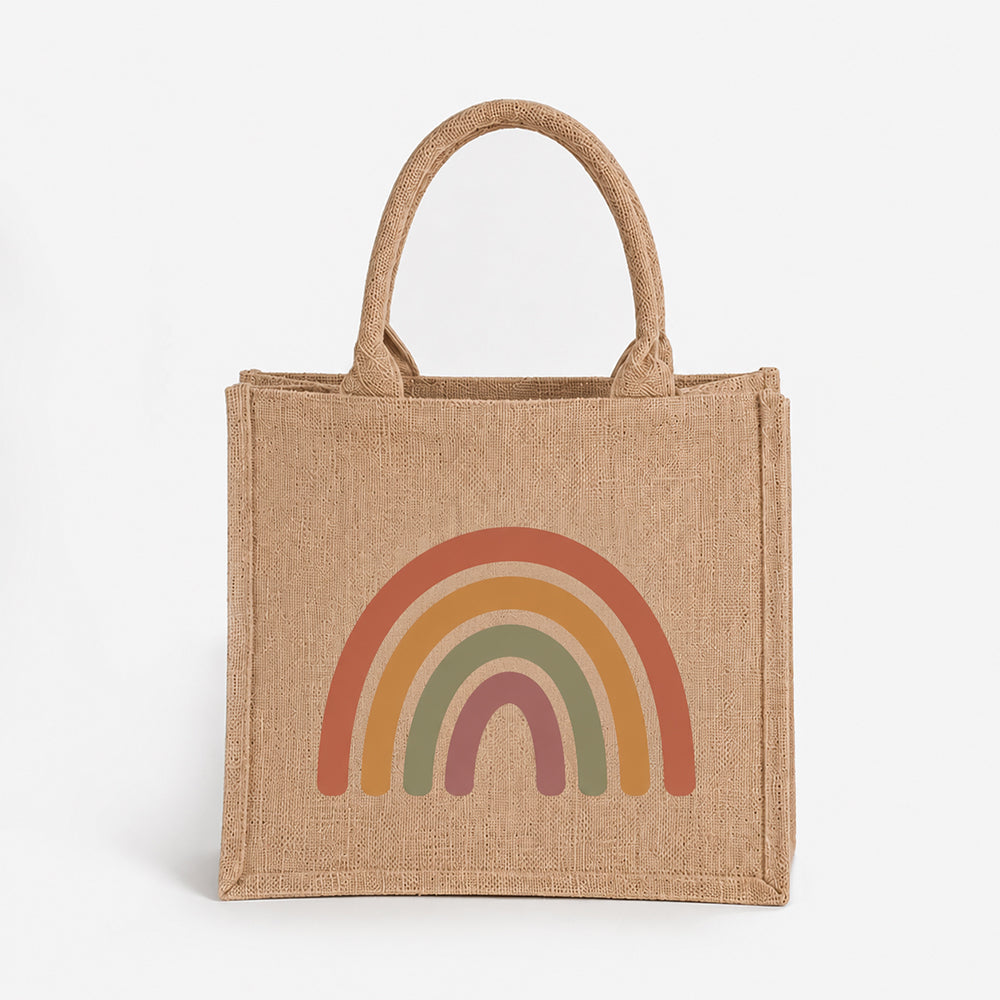 Jute tote bag with boho muted rainbow print, natural woven textured fabric and top carry handles