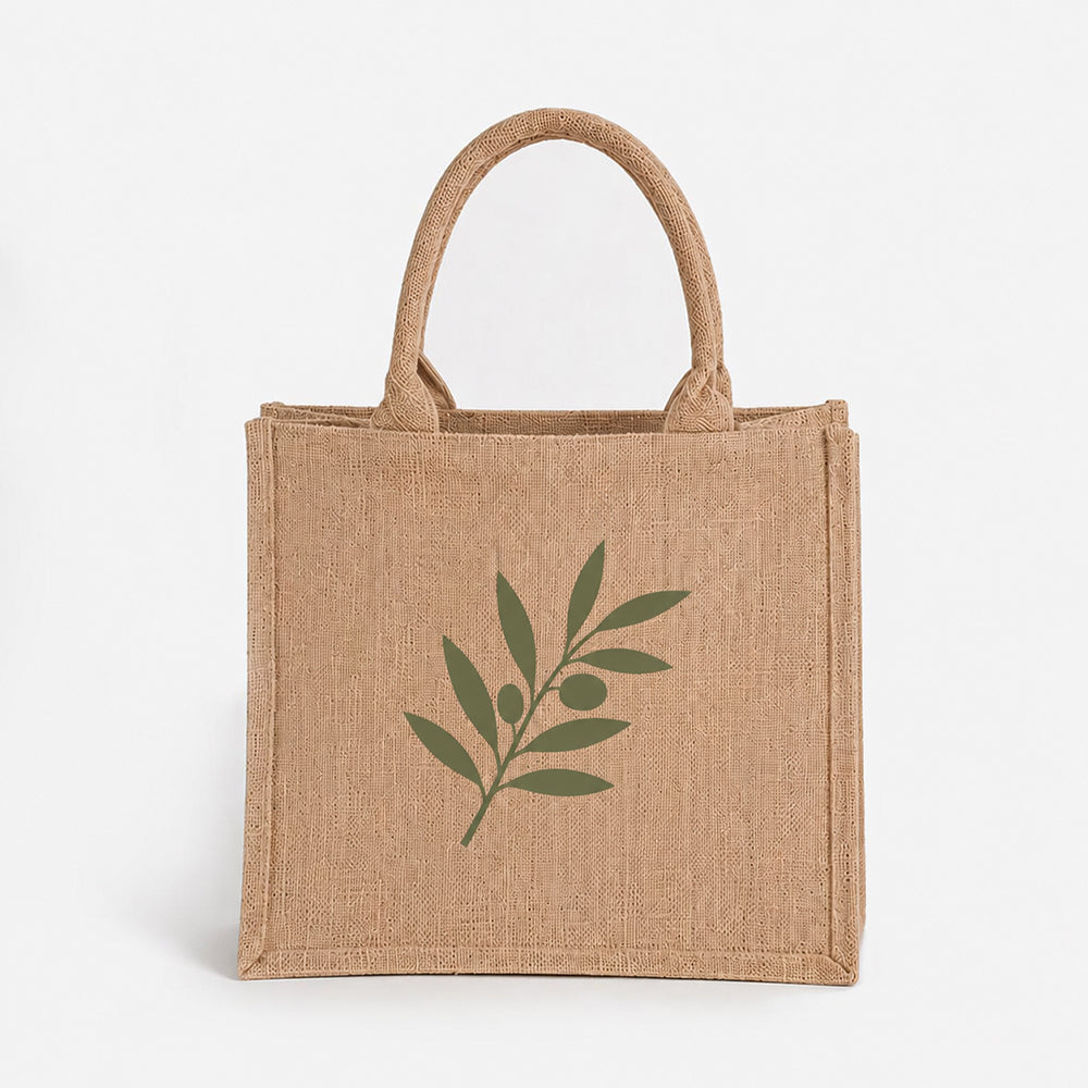 Natural beige jute tote bag with printed green olive branch design and woven top handle
