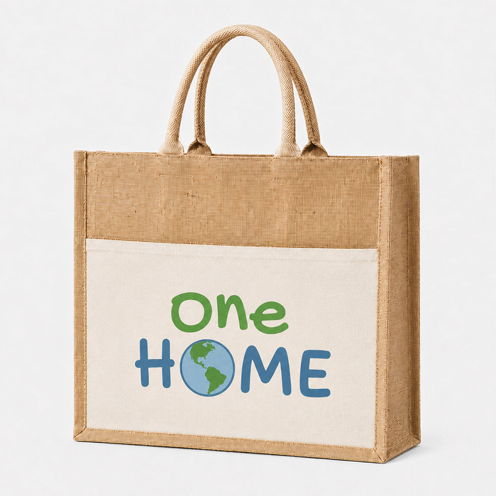 Jute tote bag with front pocket printed with "One Home" earth graphic, natural woven burlap reusable carryall