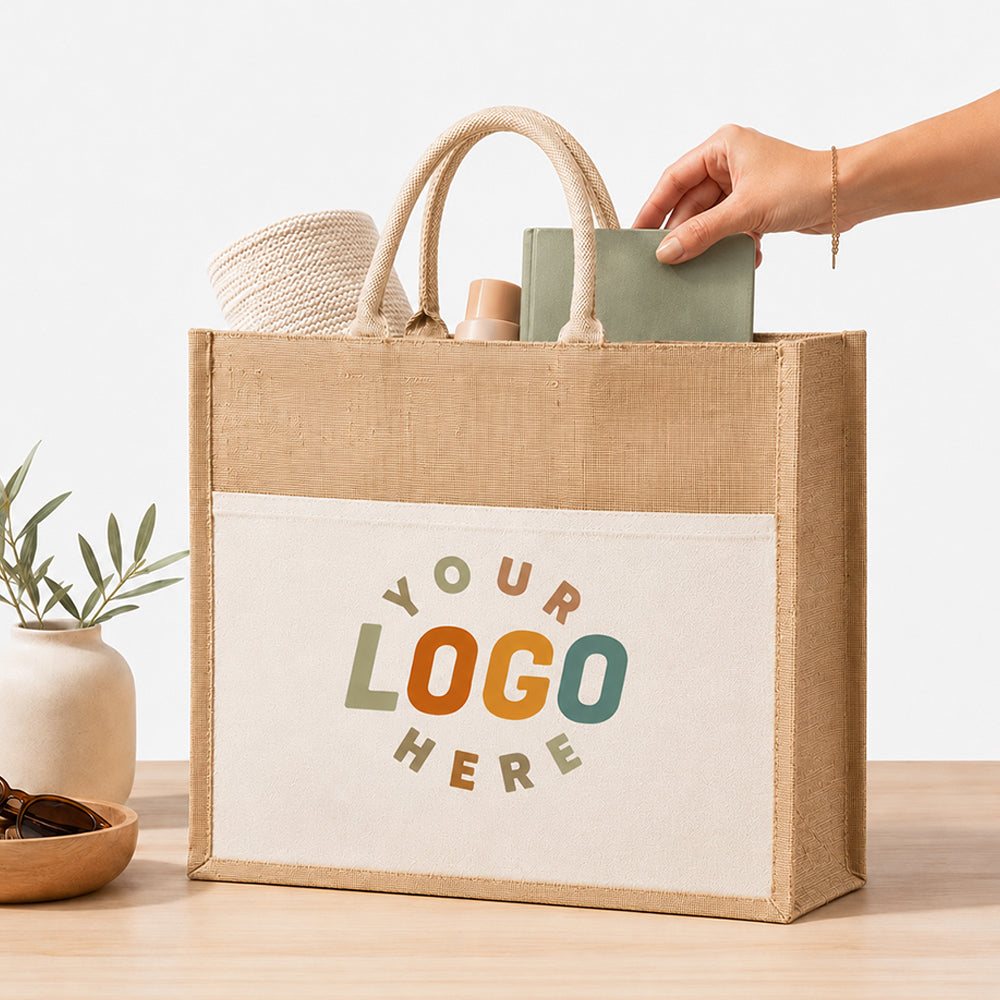 Jute Tote Bags With Front Pocket, natural burlap material, customizable logo area, holding daily items on light wooden table
