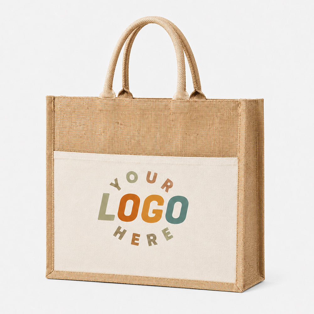 Jute tote bag with front canvas pocket, customizable logo print, woven top handles, reusable daily shopping bag