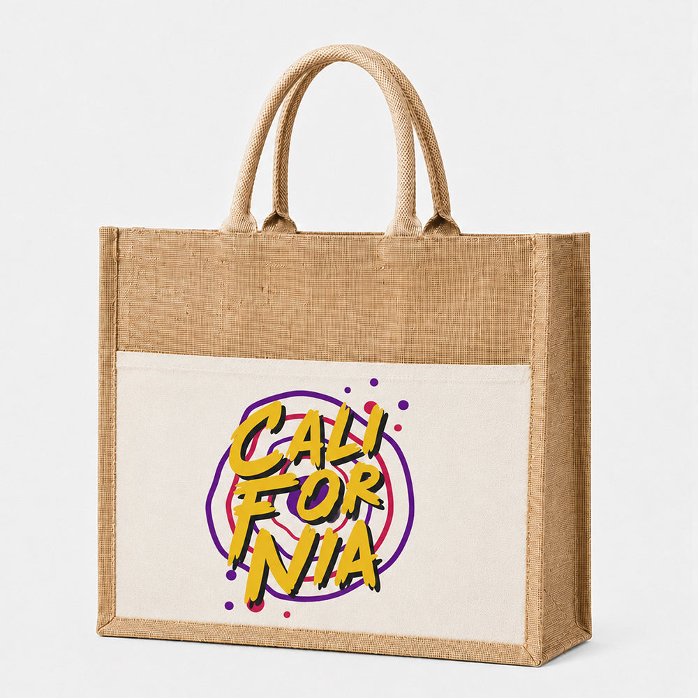 Jute tote bag with front pocket, printed vibrant "CALI FOR NIA" retro graphic on the off-white canvas front pocket