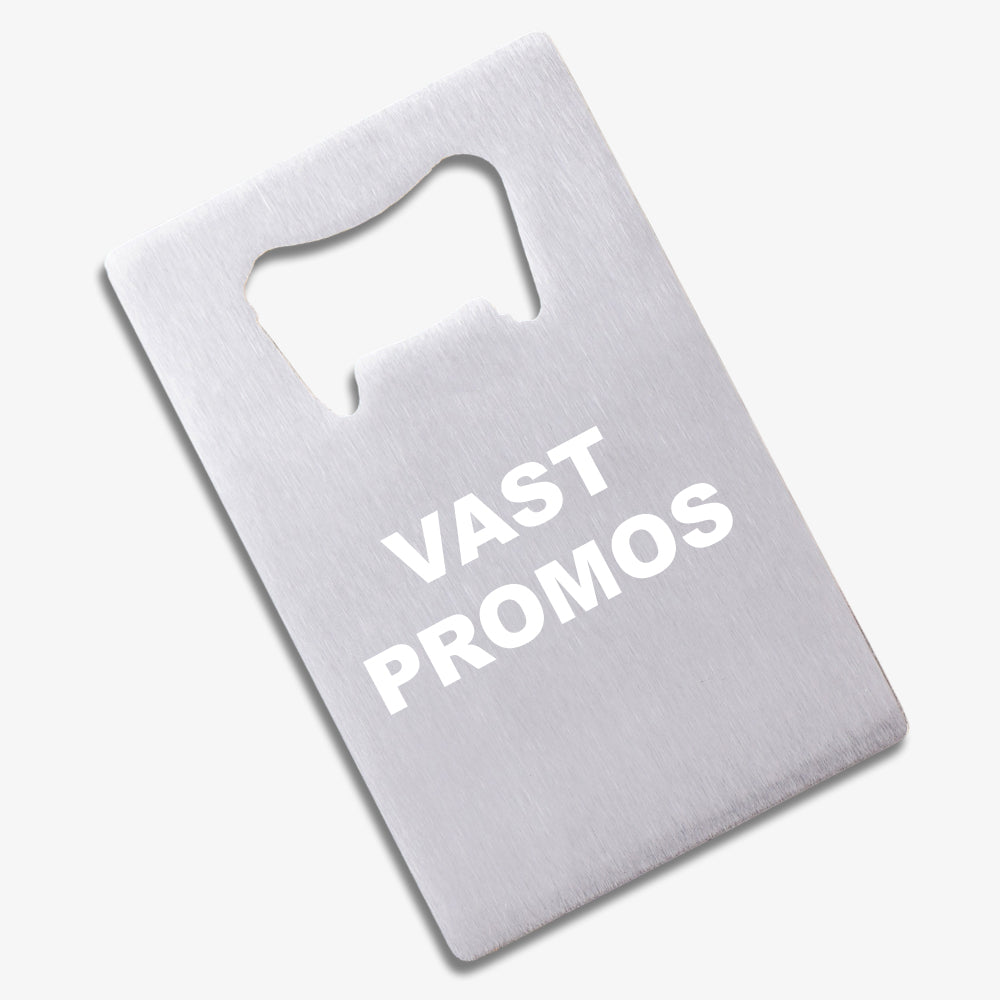 Brushed silver metal credit card bottle opener printed with white "VAST PROMOS" text