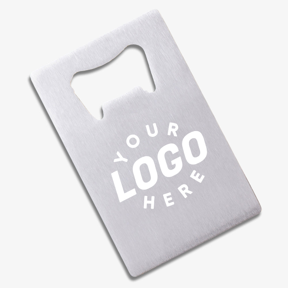 Metal credit card bottle opener, brushed silver finish with blank area for custom logo printing
