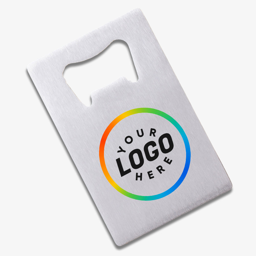 Metal credit card bottle opener, brushed silver stainless steel with custom logo blank space for personalized branding