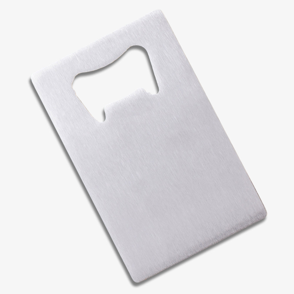 Metal credit card bottle opener, brushed silver stainless steel slim flat card shape for easy wallet storage