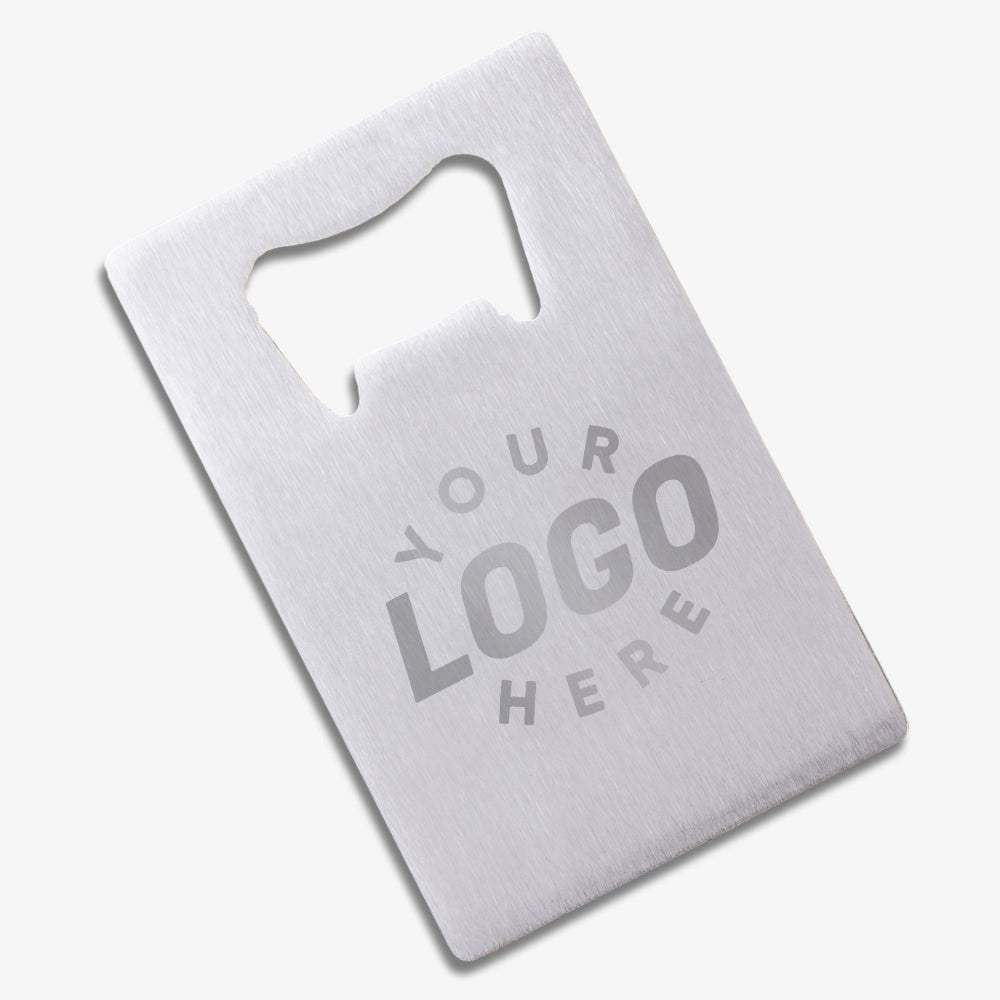 Brushed silver metal credit card bottle opener, slim card shape with reserved custom logo engraving space