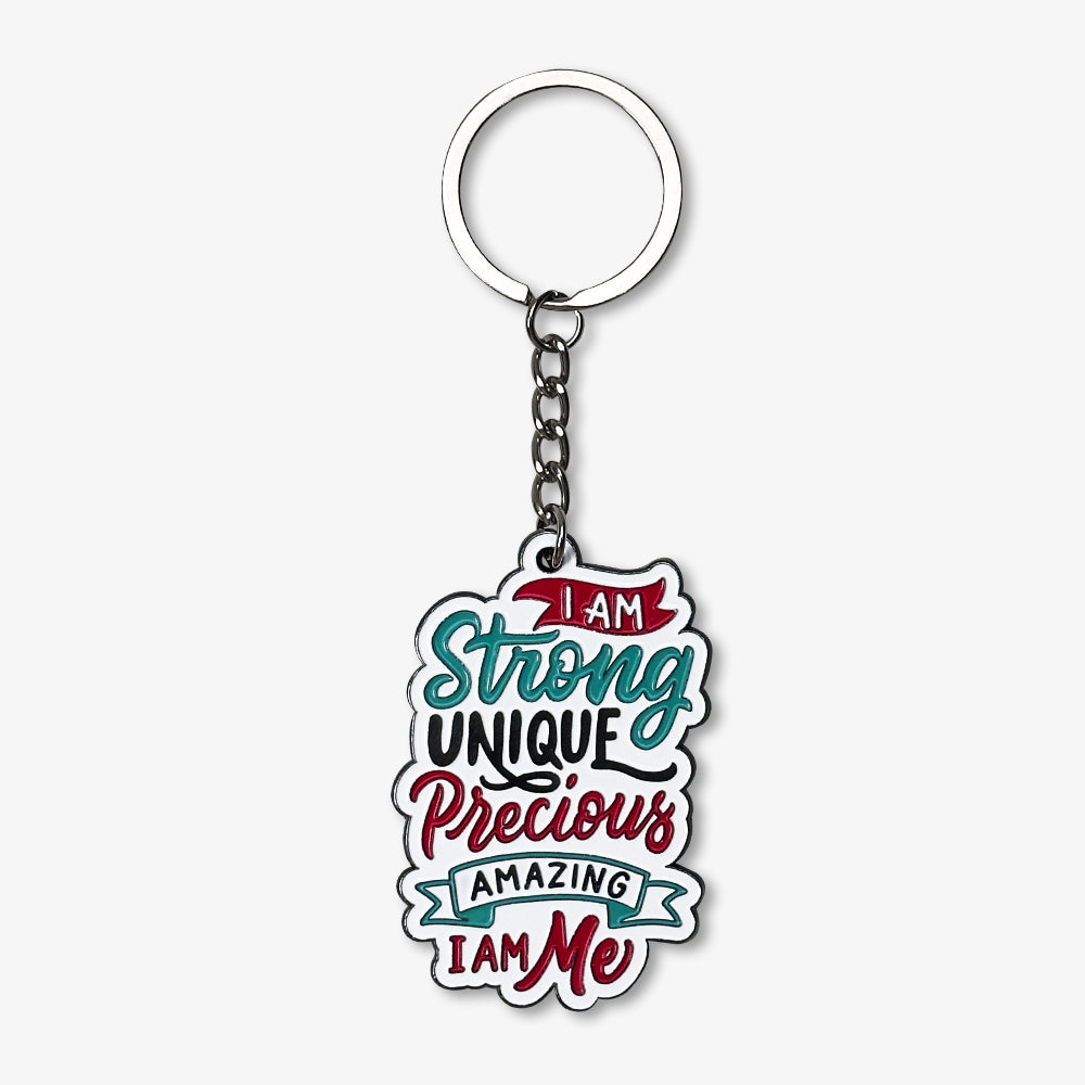 Metal enamel keychain with vibrant inspirational "I Am Strong Unique Precious Amazing I Am Me" lettering, polished silver key ring