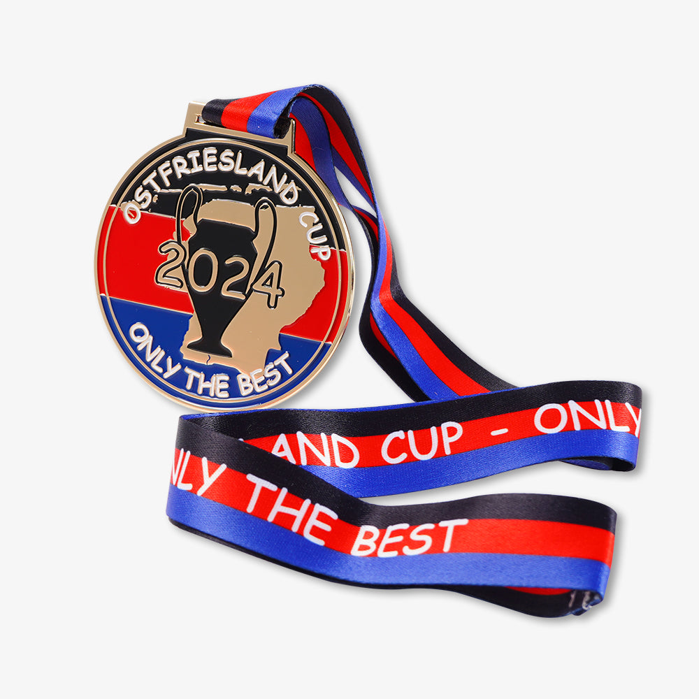 Custom metal medal for 2024 Ostfriesland Cup, with printed red blue black striped lanyard