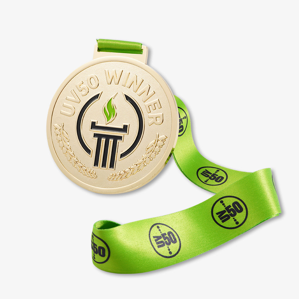 Metal medal engraved with "UV50 WINNER" text, paired with bright green printed branded lanyard
