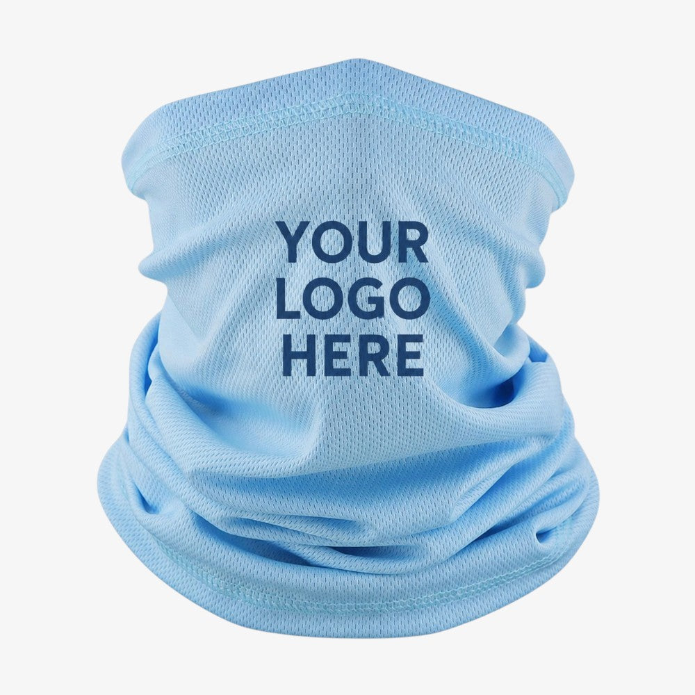 Light blue tubular neck gaiter made of breathable mesh fabric with stitched edges