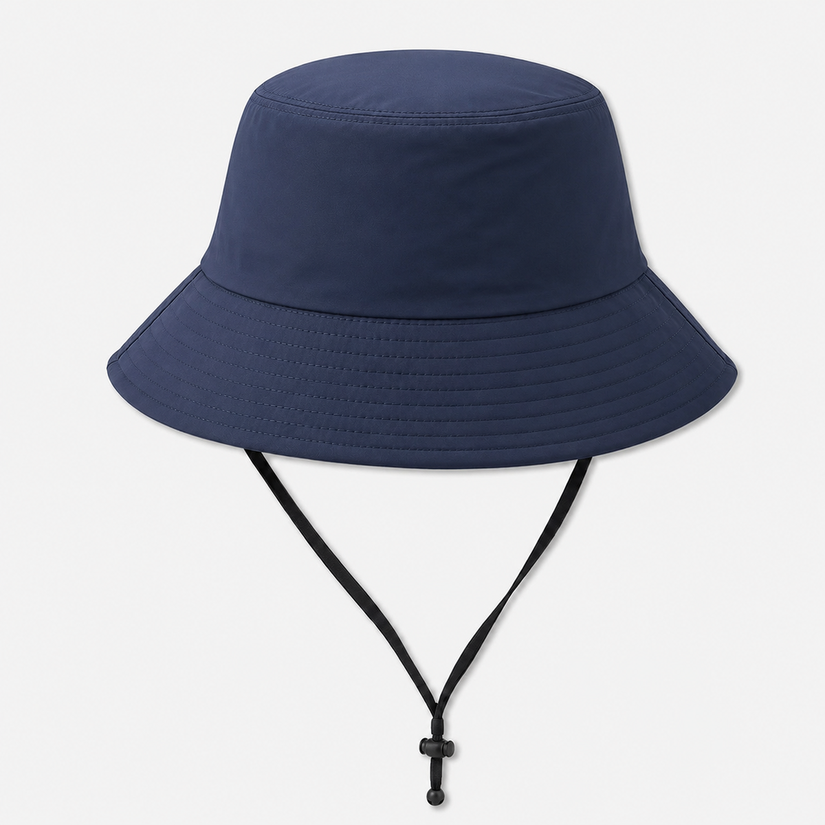 Navy blue polyester bucket hat with a wide stitched brim and adjustable chin strap