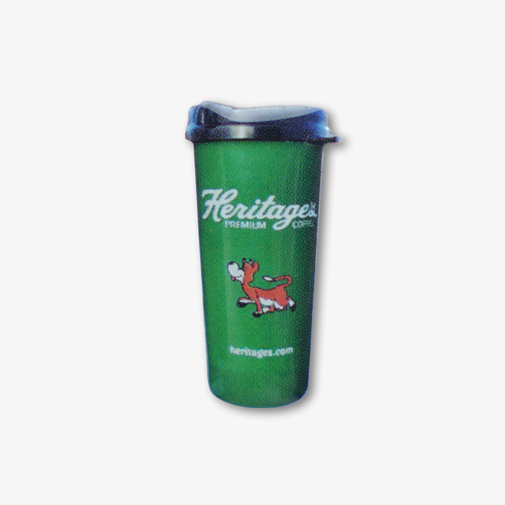 Photo Dome Pin shaped as green travel coffee tumbler with Heritage logo and cute cartoon cow print