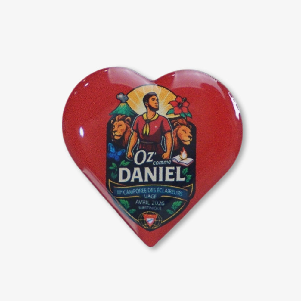 Glossy red heart-shaped Photo Dome Pin printed with custom Oz comme Daniel scout camp event graphic
