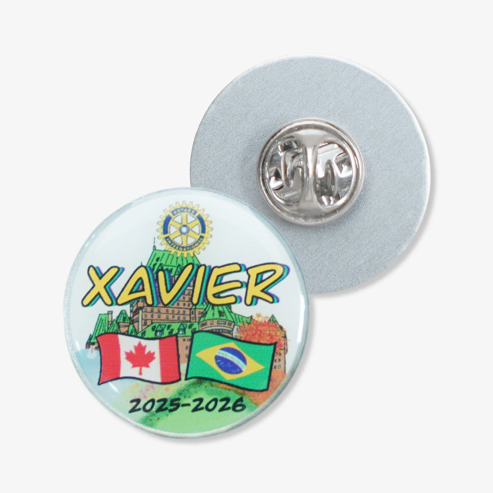 Photo Dome Pin with custom printed Xavier text, Canada Brazil flags, Rotary logo, showing front design and metal clutch back