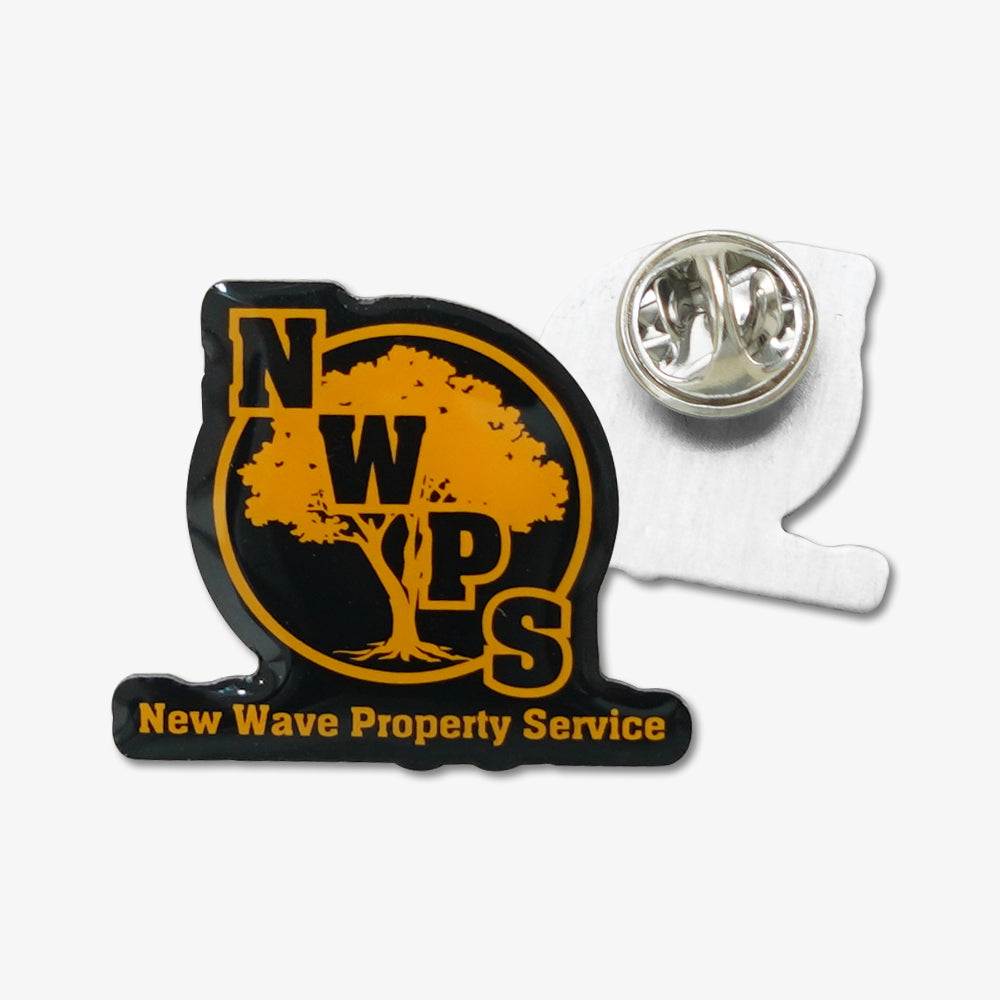 Photo Dome Pins with custom NWPS tree logo, black and yellow enamel finish, silver metal butterfly clutch backing