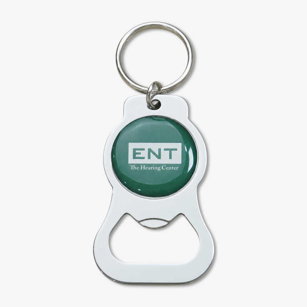 Photodome Bottle Opener keychain, polished silver metal with custom green branded dome and attached metal key ring