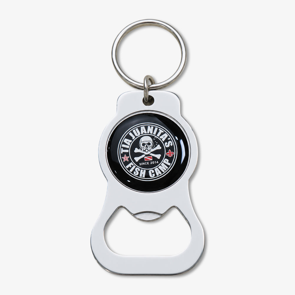 Photodome Bottle Opener keychain, shiny silver metal with custom printed Tia Juanita's Fish Camp skull logo