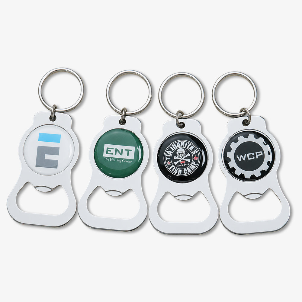 Four custom Photodome Bottle Openers keychains with unique printed logo domes, polished silver metal finish