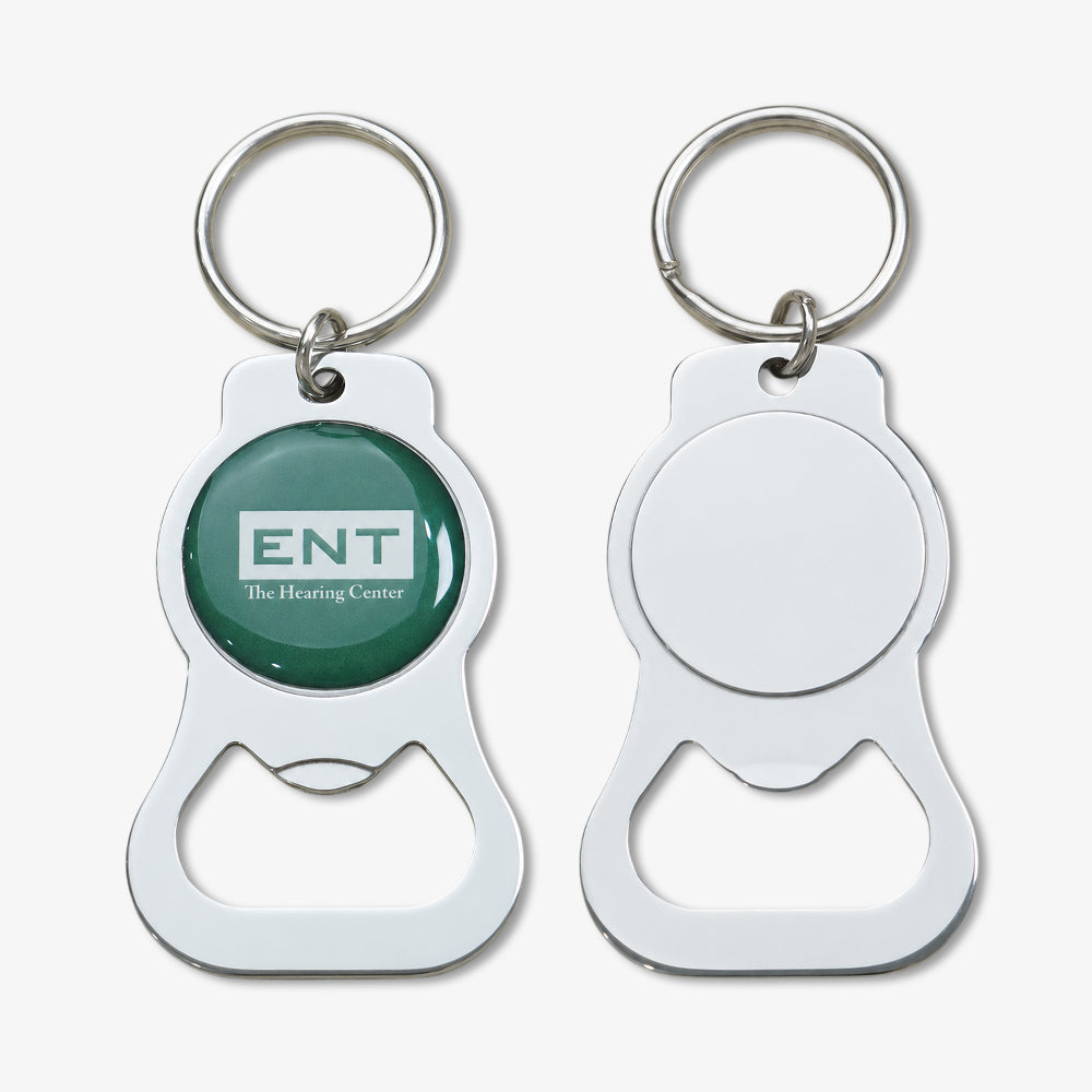 Photodome Bottle Openers, polished silver keychain design, front with custom green logo and plain back displayed