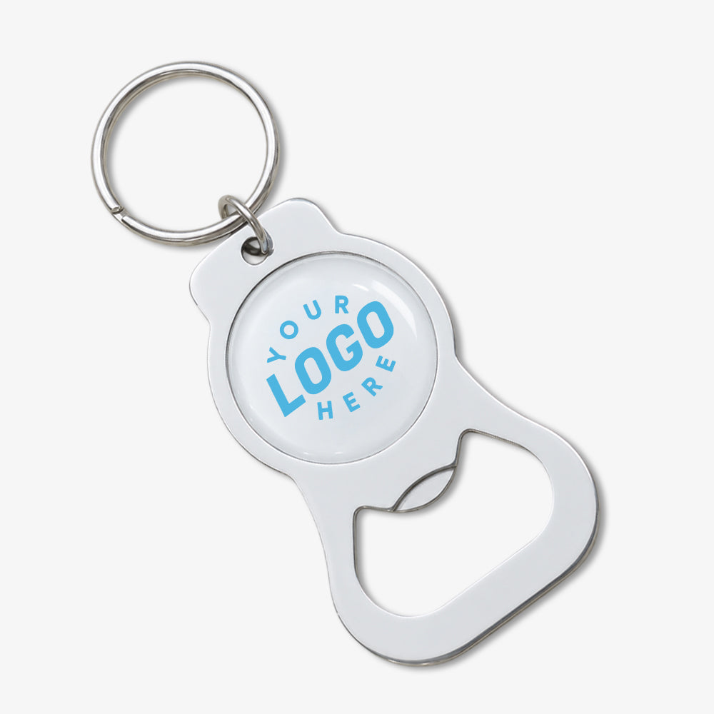Photodome Bottle Opener keychain, polished silver metal with custom logo placeholder and attached split key ring