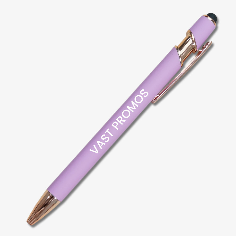 Plain stylus ballpoint pen in matte lavender with rose gold hardware, custom printed VAST PROMOS branding