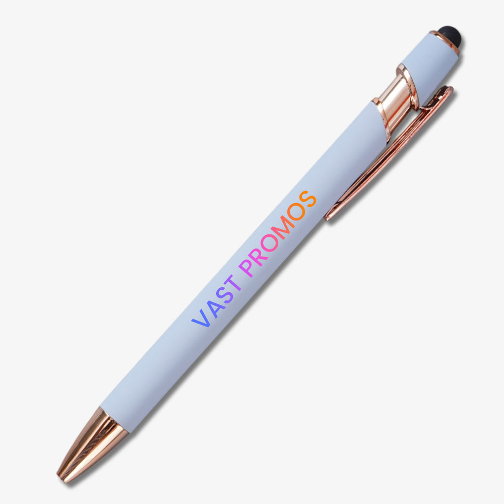 Plain stylus ballpoint pen in light blue with rose gold trim and custom gradient printed branding on the barrel