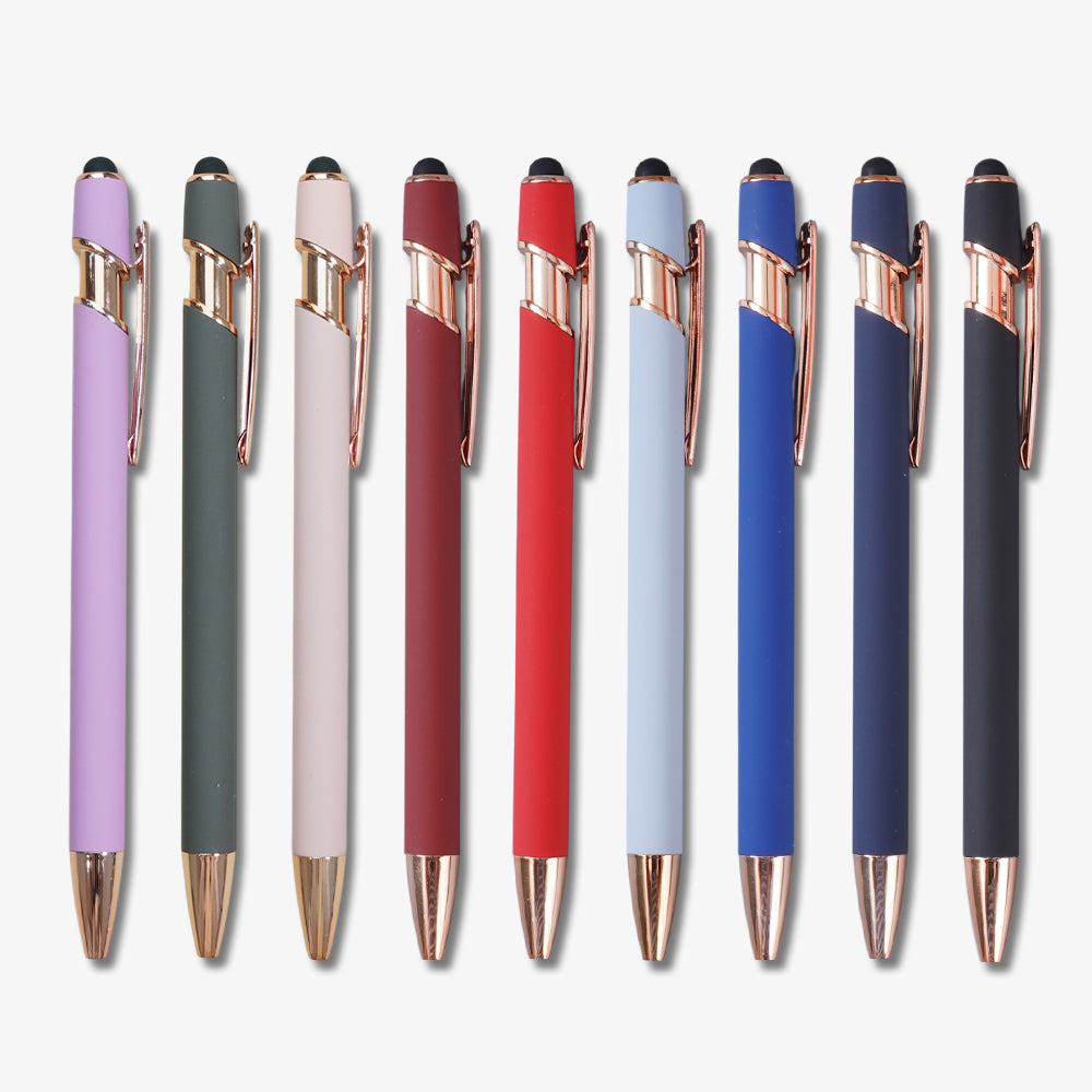 Plain stylus ballpoint pens in assorted matte colors, featuring rose gold metal clips and accents