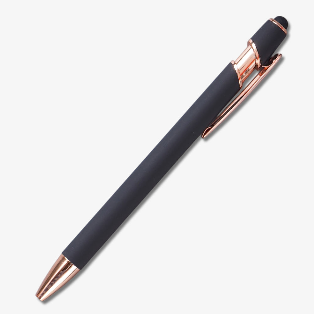 Plain stylus ballpoint pen with matte black body, rose gold metal trim and top touch stylus tip