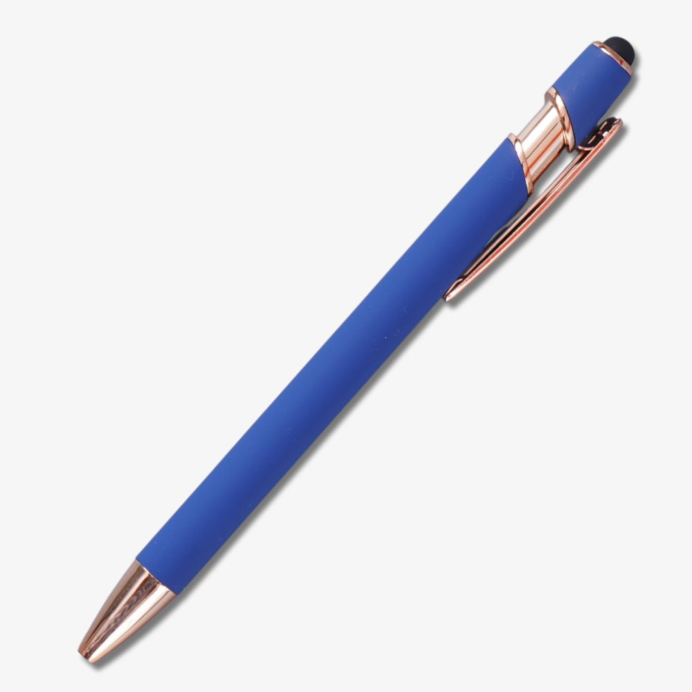 Plain stylus ballpoint pen with matte blue body, rose gold metal trim, pen clip and top touch stylus tip